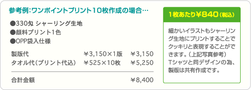 細かいイラストもシャーリング生地にプリントすることでクッキリと表現することができます。(上記写真参考)Tシャツと同デザインの為、製版は共有作成です。 参考例:ワンポイントプリント10枚作成の場合…合計金額 ¥8,400・1枚あたり¥840(税込)