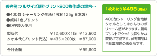 400匁シャーリング生地はタオルとしてはかなりのボリューム感があります。顔料プリントでクッキリ鮮やかな表現が可能です。参考商品は自動車関連の販促品です。 参考例:フルサイズ顔料プリント200枚作成の場合…合計金額 ¥99,600・1枚あたり¥498(税込)