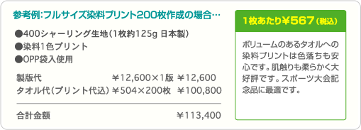 ボリュームのあるタオルへの染料プリントは色落ちも安心です。肌触りも柔らかく大好評です。スポーツ大会記念品に最適です。 参考例:フルサイズ染料プリント200枚作成の場合…合計金額 ¥113,400・1枚あたり¥567(税込)