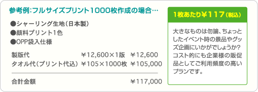 大きなものは勿論、ちょっとしたイベント時の景品やグッズ企画にいかがでしょうか?コスト的にも企業様の販促品としてご利用頻度の高いプランです。 参考例:フルサイズプリント1000枚作成の場合…合計金額 ¥117,000・1枚あたり¥117(税込)