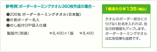 タオルのボーダー部分にさりげなく社名を入れれば、会社の好感度もアップします。ボーダーネーミングタオルは広告効果も抜群です。 参考例:ボーダーネーミングタオル360枚作成の場合…製版代1版 ¥8,400・1枚あたり¥135(税込)